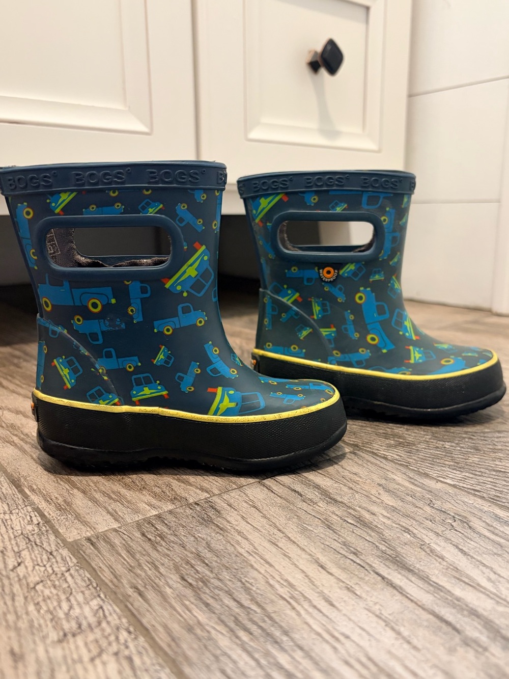 Bogs Kids Navy Blue Truck Print Rain Boots with Yellow Trim